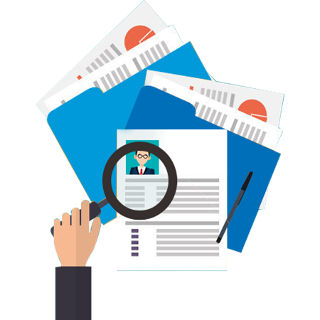 Illustration of a hand holding a magnifying glass over a resume, with folders and documents in the background, representing the process of gathering and reviewing hiring requirements.