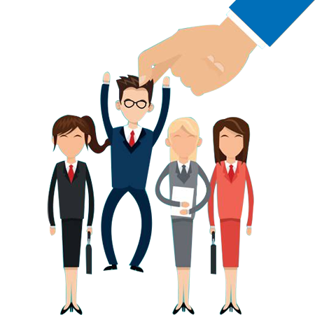 Illustration of a large hand selecting a candidate from a lineup of diverse professionals — symbolizing hiring and onboarding talent.