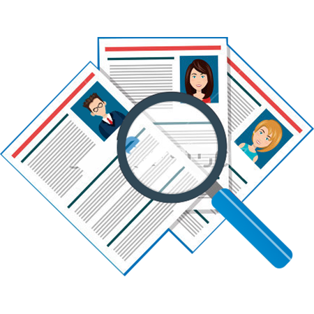 Illustration of a magnifying glass highlighting different resumes with profile pictures, representing the process of candidate evaluation.