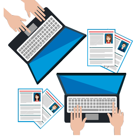 Illustration of multiple hands using laptops and reviewing candidate profiles, symbolizing collaborative screening of job applicants.